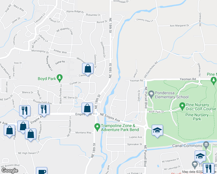 map of restaurants, bars, coffee shops, grocery stores, and more near 63181 Watercress Way in Bend