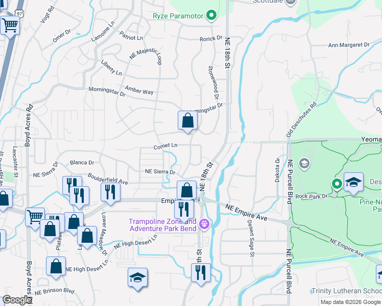 map of restaurants, bars, coffee shops, grocery stores, and more near 63177 Eastview Drive in Bend