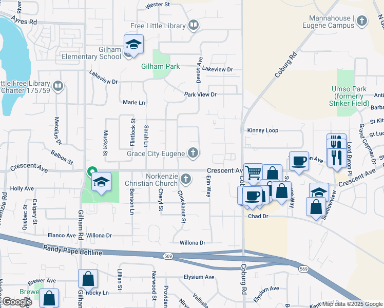 map of restaurants, bars, coffee shops, grocery stores, and more near 2772 Wingate Street in Eugene