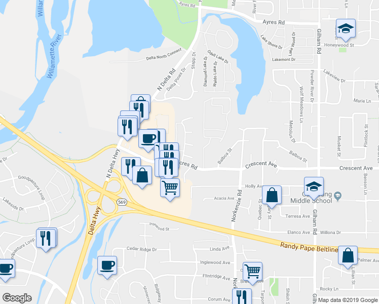 map of restaurants, bars, coffee shops, grocery stores, and more near 2849 Applewood Lane in Eugene