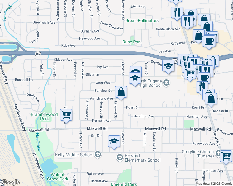 map of restaurants, bars, coffee shops, grocery stores, and more near 740 Sunview Street in Eugene