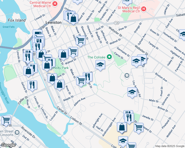 map of restaurants, bars, coffee shops, grocery stores, and more near 170 Horton Street in Lewiston