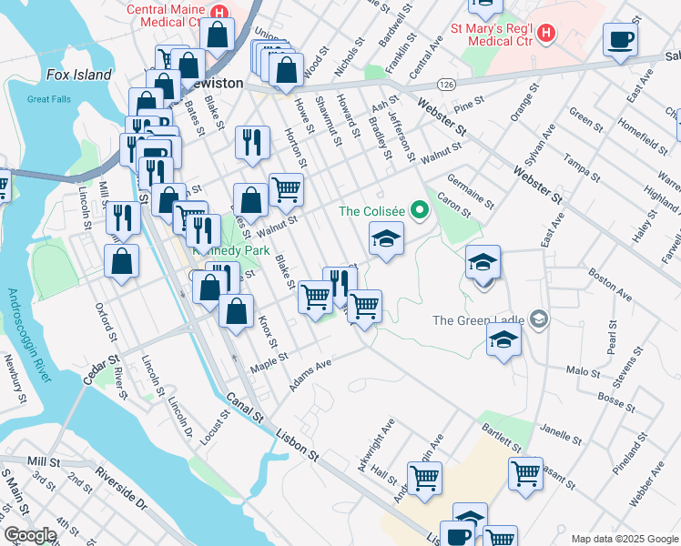 map of restaurants, bars, coffee shops, grocery stores, and more near 186 Bartlett Street in Lewiston