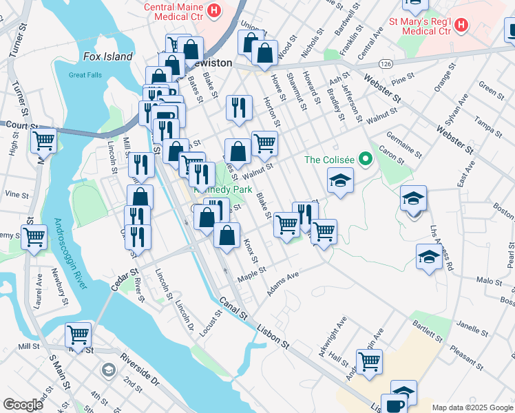 map of restaurants, bars, coffee shops, grocery stores, and more near 240 Bates Street in Lewiston