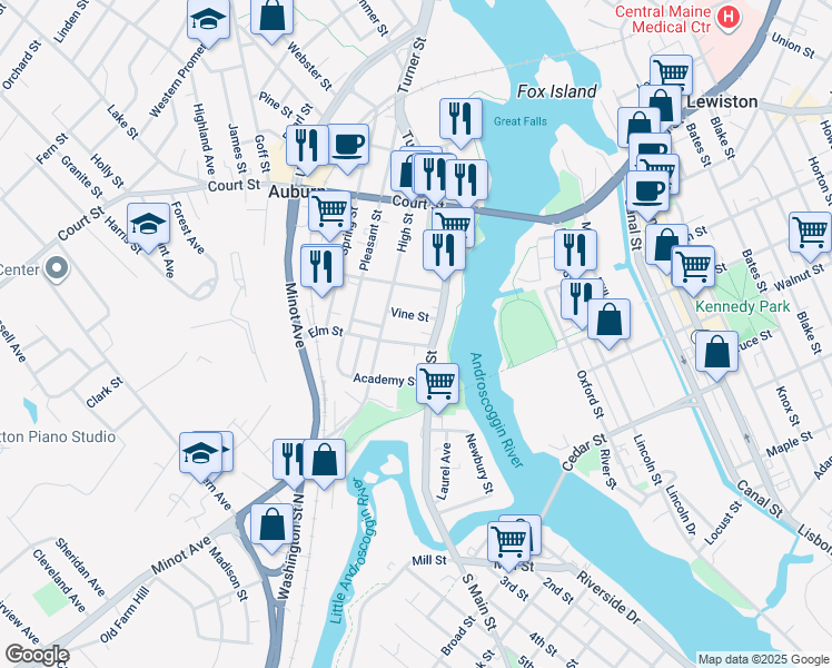 map of restaurants, bars, coffee shops, grocery stores, and more near 19 Elm Street in Auburn
