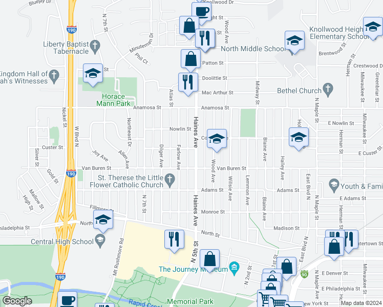 map of restaurants, bars, coffee shops, grocery stores, and more near 921 Haines Avenue in Rapid City