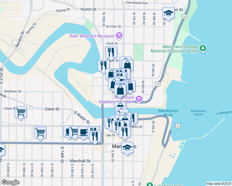 map of restaurants, bars, coffee shops, grocery stores, and more near 818 York Street in Manitowoc