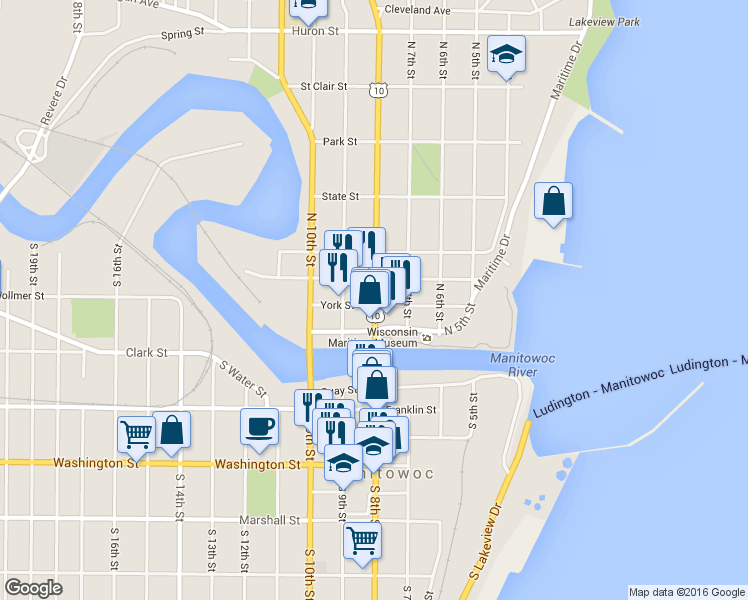 map of restaurants, bars, coffee shops, grocery stores, and more near 818 York Street in Manitowoc