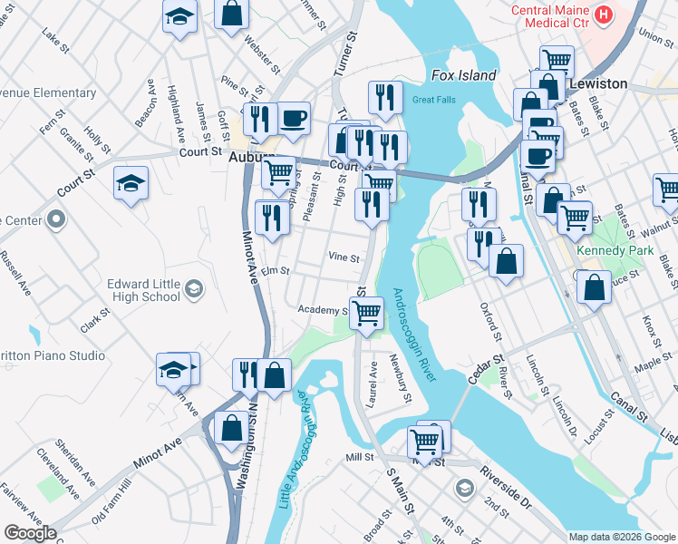 map of restaurants, bars, coffee shops, grocery stores, and more near 19 Elm Street in Auburn