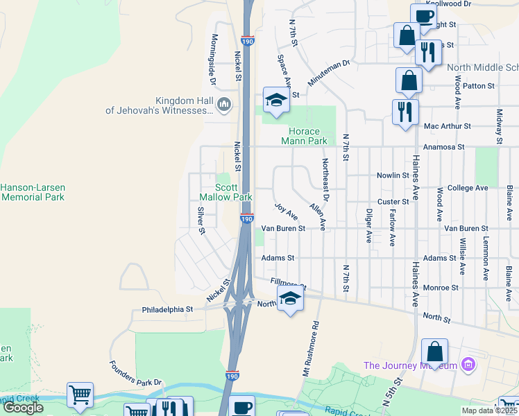 map of restaurants, bars, coffee shops, grocery stores, and more near 918 West Boulevard North in Rapid City