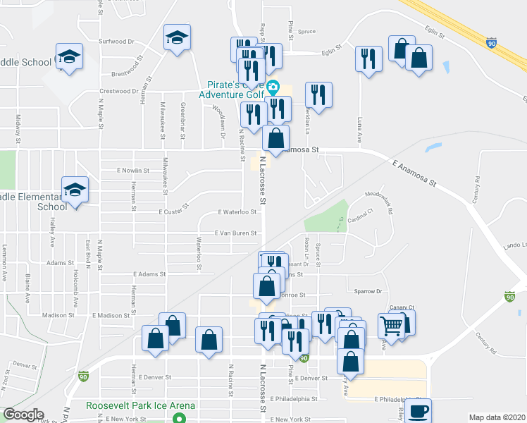 map of restaurants, bars, coffee shops, grocery stores, and more near 893 East Waterloo Street in Rapid City