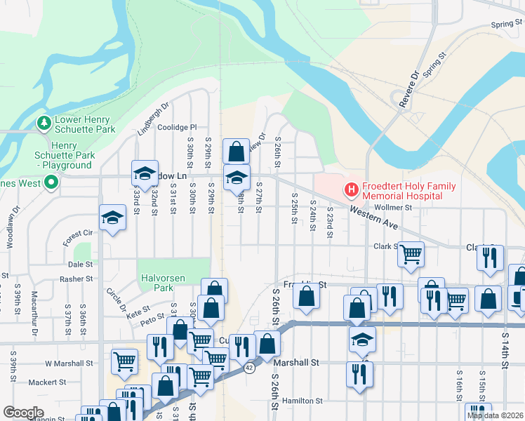 map of restaurants, bars, coffee shops, grocery stores, and more near 2613 Wollmer Street in Manitowoc