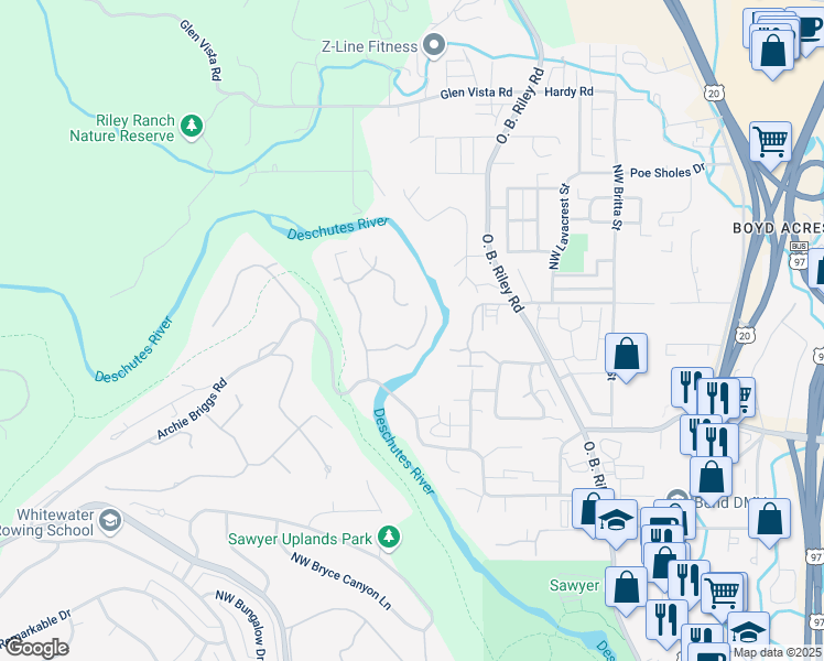 map of restaurants, bars, coffee shops, grocery stores, and more near 640 Northwest Silver Buckle Road in Bend