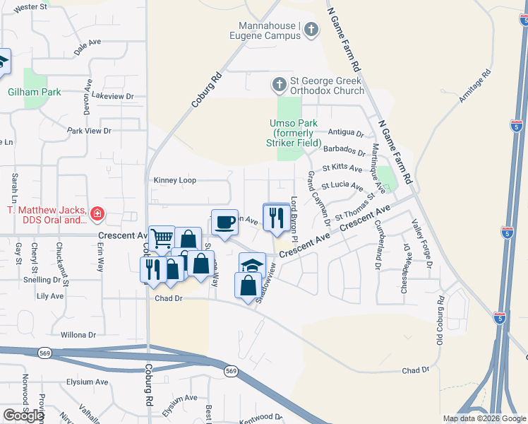 map of restaurants, bars, coffee shops, grocery stores, and more near 2850 Shadow View Drive in Eugene