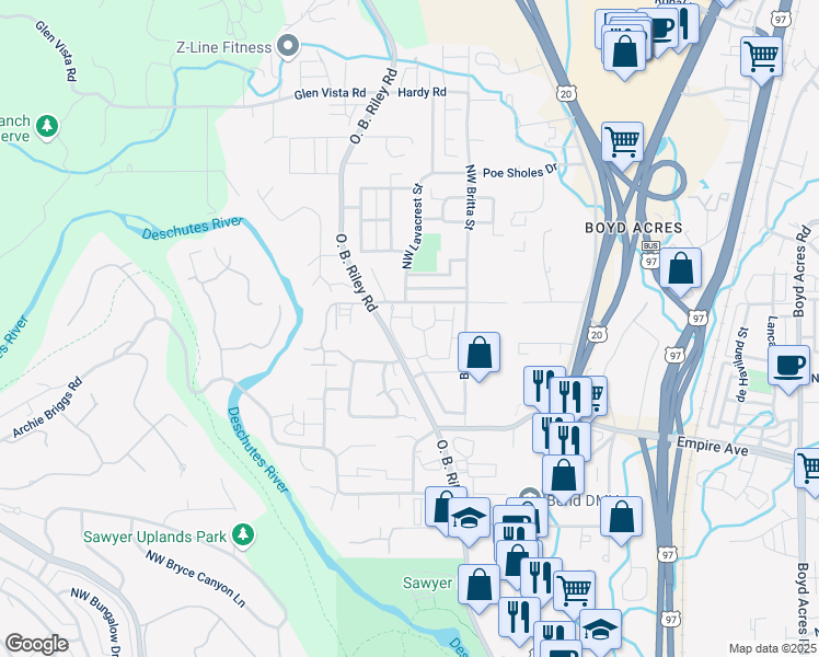 map of restaurants, bars, coffee shops, grocery stores, and more near 63179 NW Via Palazzo in Bend