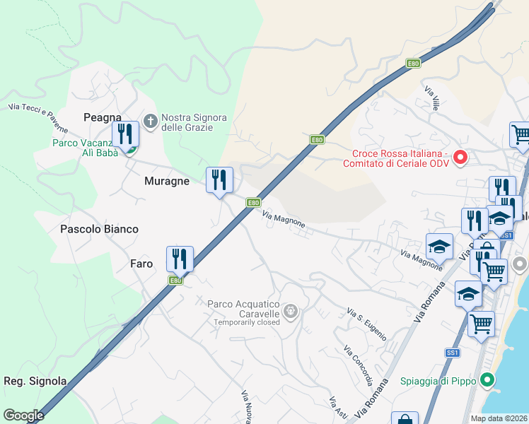 map of restaurants, bars, coffee shops, grocery stores, and more near 126 Via Magnone in Ceriale