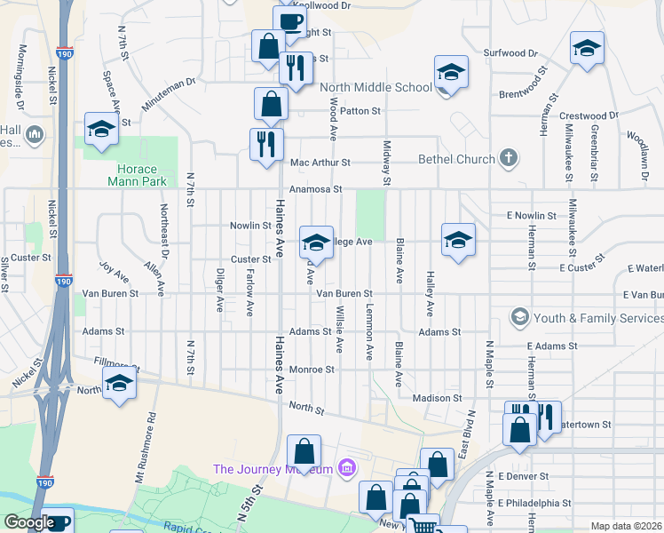 map of restaurants, bars, coffee shops, grocery stores, and more near 925 Willsie Ave in Rapid City