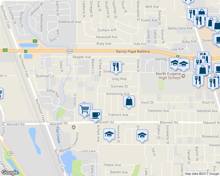 map of restaurants, bars, coffee shops, grocery stores, and more near 840 Sunview Street in Eugene