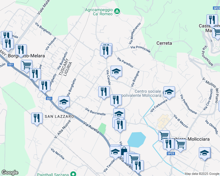 map of restaurants, bars, coffee shops, grocery stores, and more near 115 Via Canale in Colombiera-Molicciara