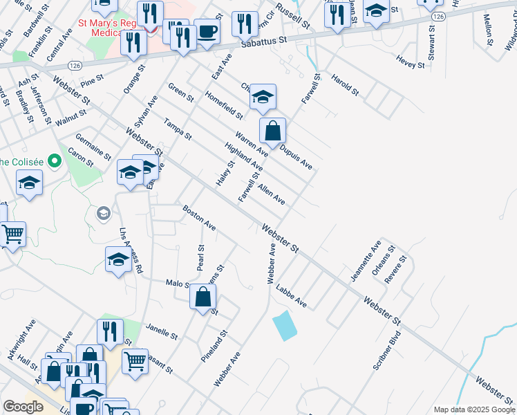 map of restaurants, bars, coffee shops, grocery stores, and more near 7 Dimsdale Avenue in Lewiston