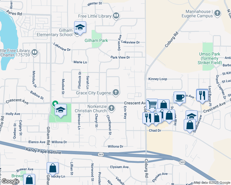 map of restaurants, bars, coffee shops, grocery stores, and more near 2772 Wingate Street in Eugene