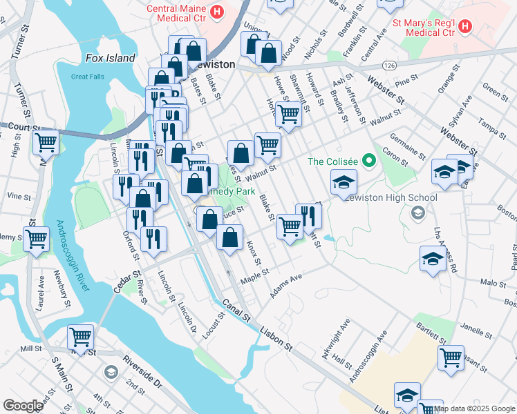 map of restaurants, bars, coffee shops, grocery stores, and more near 250 Bates Street in Lewiston