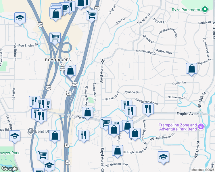 map of restaurants, bars, coffee shops, grocery stores, and more near 63116 Iner Loop in Bend