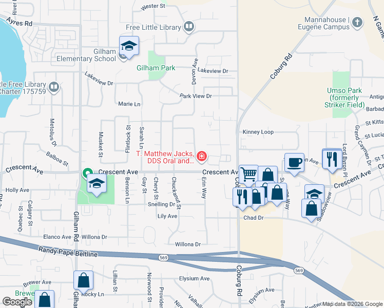 map of restaurants, bars, coffee shops, grocery stores, and more near 2772 Wingate Street in Eugene