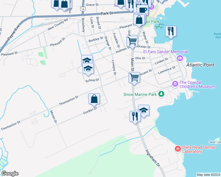 map of restaurants, bars, coffee shops, grocery stores, and more near 8 Thomaston Street in Rockland