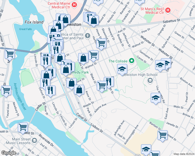 map of restaurants, bars, coffee shops, grocery stores, and more near 141 Pierce Street in Lewiston