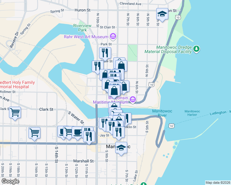 map of restaurants, bars, coffee shops, grocery stores, and more near 818 York Street in Manitowoc
