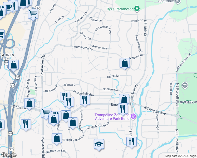 map of restaurants, bars, coffee shops, grocery stores, and more near 63207 Black Powder Lane in Bend