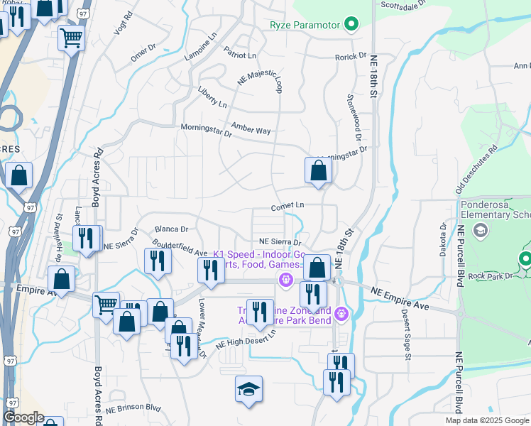 map of restaurants, bars, coffee shops, grocery stores, and more near 20749 Comet Lane in Bend