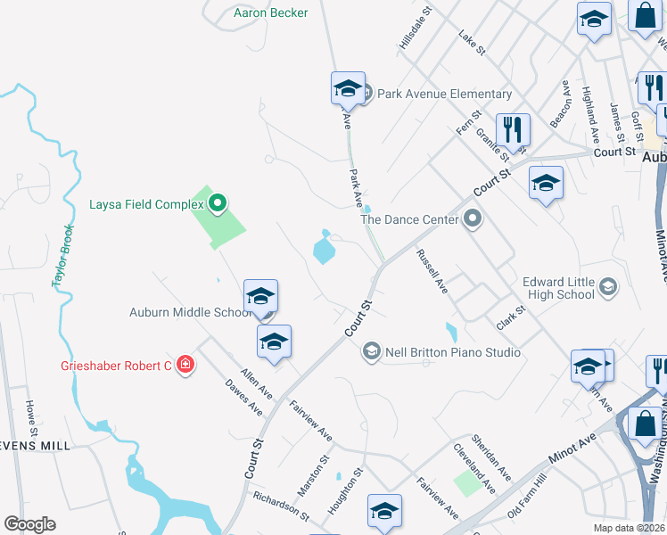 map of restaurants, bars, coffee shops, grocery stores, and more near 491 Court Street in Auburn