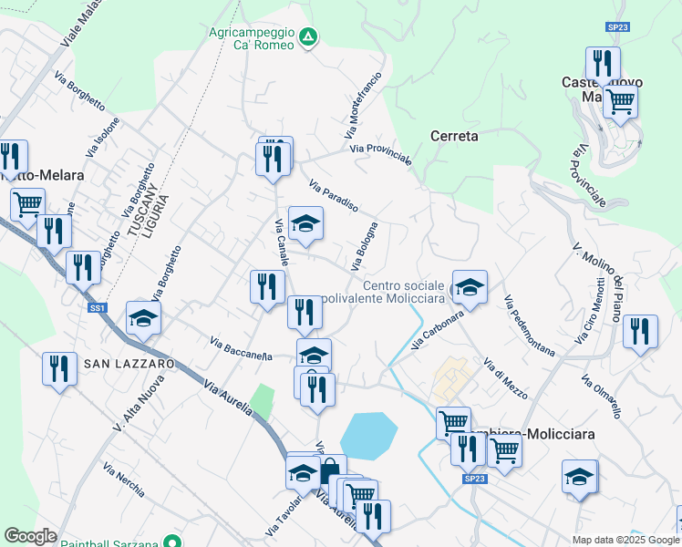 map of restaurants, bars, coffee shops, grocery stores, and more near 12 Via Carbone in Colombiera-Molicciara