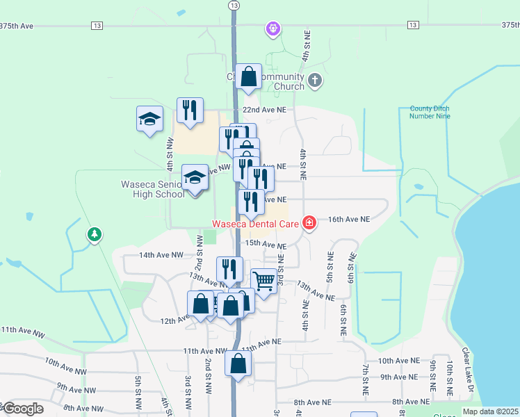 map of restaurants, bars, coffee shops, grocery stores, and more near 140 17th Avenue Northeast in Waseca