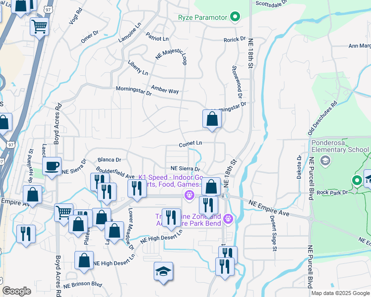 map of restaurants, bars, coffee shops, grocery stores, and more near 20781 Comet Lane in Bend