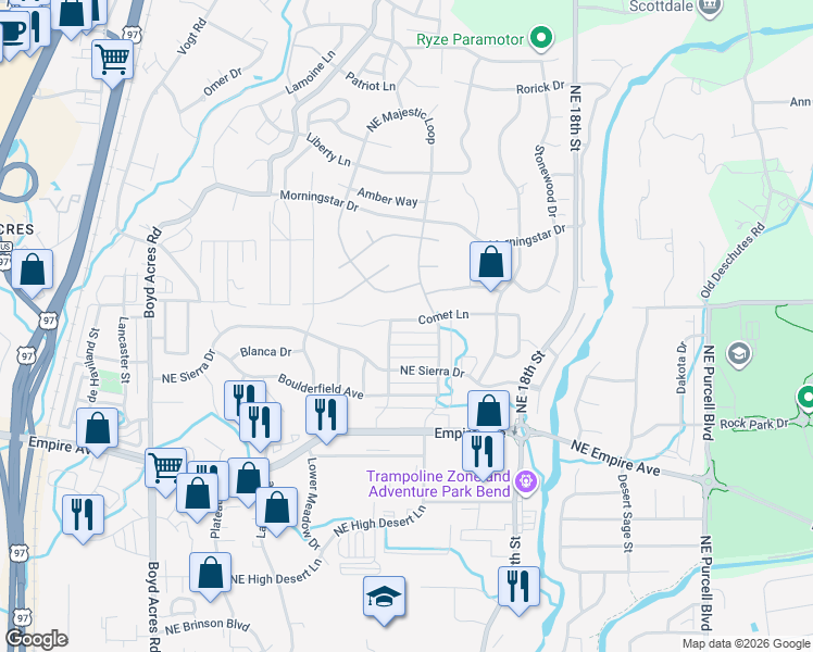 map of restaurants, bars, coffee shops, grocery stores, and more near 20745 Comet Lane in Bend
