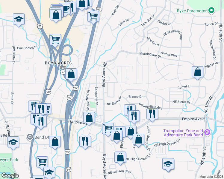 map of restaurants, bars, coffee shops, grocery stores, and more near 63116 Iner Loop in Bend
