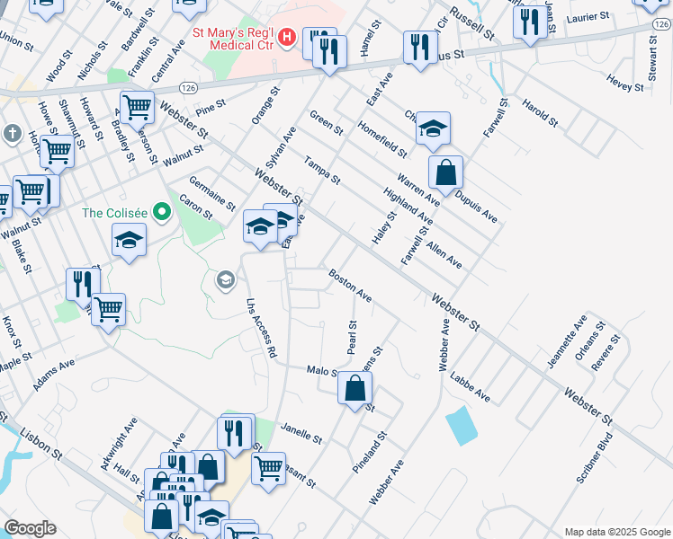 map of restaurants, bars, coffee shops, grocery stores, and more near 22 Boston Avenue in Lewiston