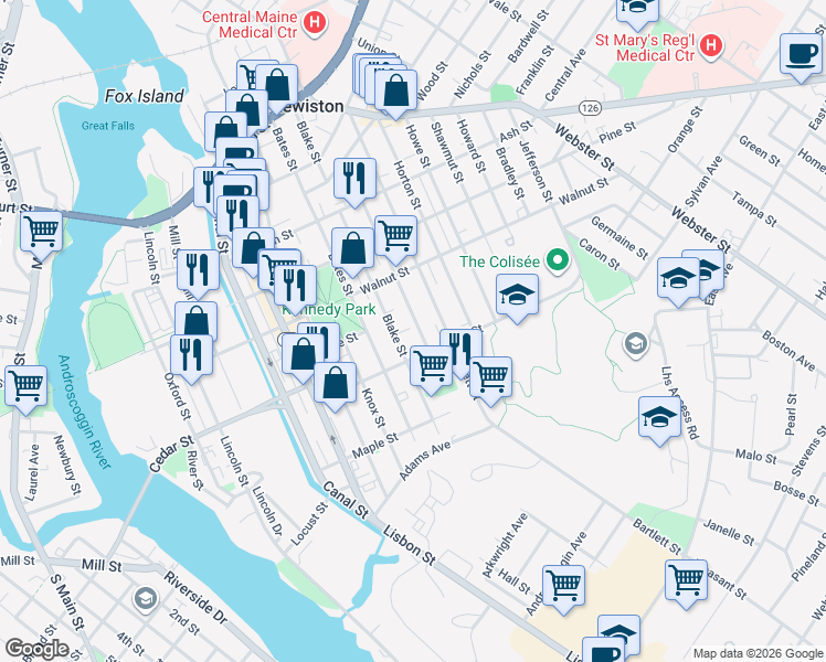 map of restaurants, bars, coffee shops, grocery stores, and more near 137 Pierce Street in Lewiston