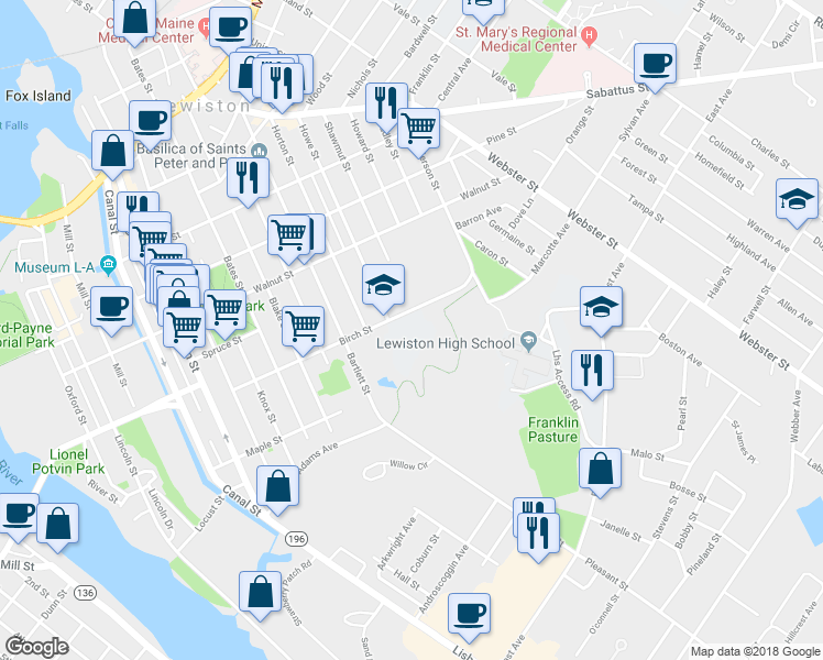 map of restaurants, bars, coffee shops, grocery stores, and more near 145 Birch Street in Lewiston