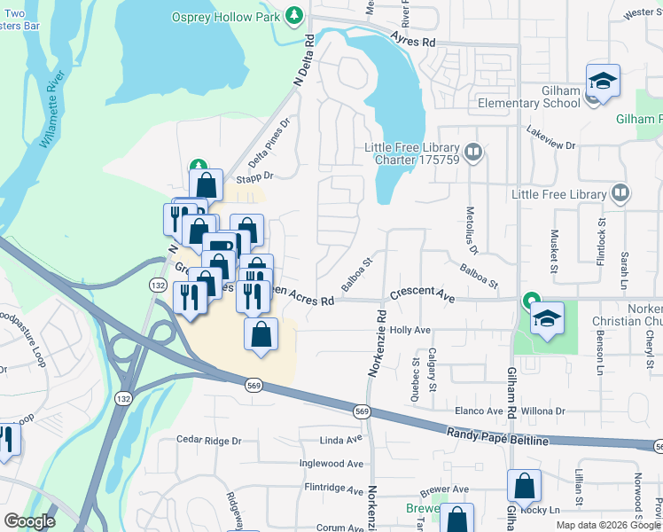 map of restaurants, bars, coffee shops, grocery stores, and more near 1523 Balboa Street in Eugene
