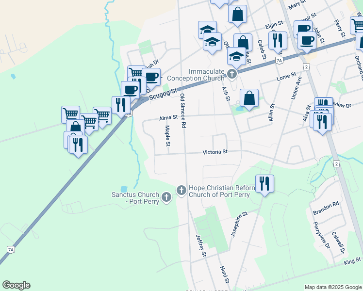 map of restaurants, bars, coffee shops, grocery stores, and more near 14722 Old Simcoe Road in Port Perry
