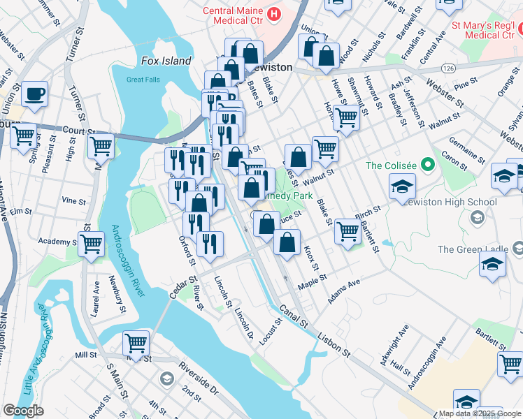 map of restaurants, bars, coffee shops, grocery stores, and more near 276 Lisbon Street in Lewiston