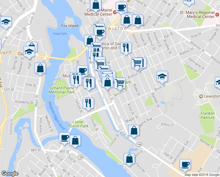 map of restaurants, bars, coffee shops, grocery stores, and more near 276 Lisbon Street in Lewiston