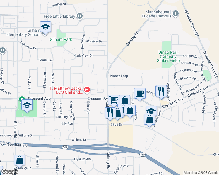 map of restaurants, bars, coffee shops, grocery stores, and more near 2802 Kinney Loop in Eugene