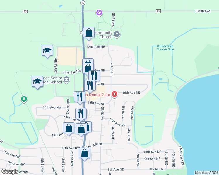 map of restaurants, bars, coffee shops, grocery stores, and more near 1605 4th Street Northeast in Waseca