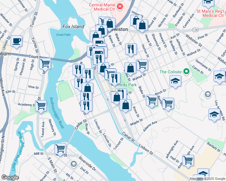 map of restaurants, bars, coffee shops, grocery stores, and more near 161 Park Street in Lewiston