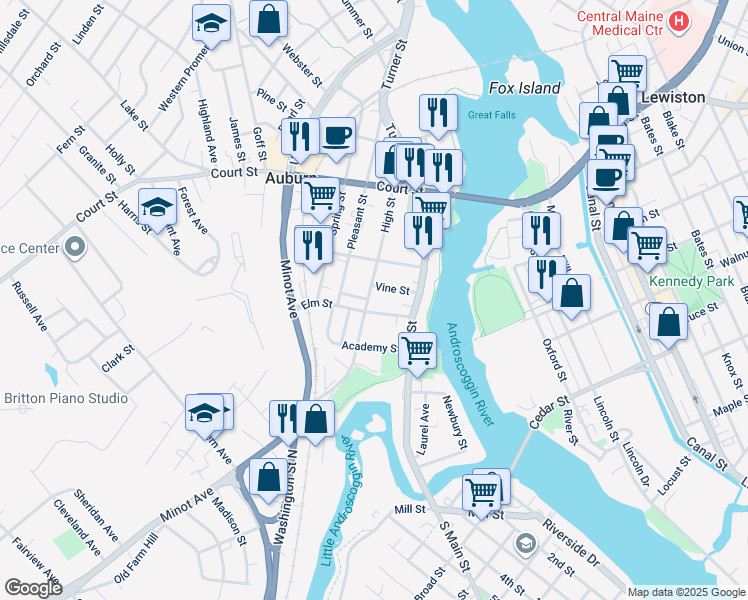 map of restaurants, bars, coffee shops, grocery stores, and more near 19 Elm Street in Auburn